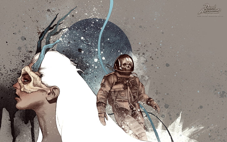 Astronauta com mulher vestindo máscara papel de parede, astronautas mortos, cabelos brancos, respingos de tinta, galhadas, crânio, astronauta, obra de arte, mulheres, máscara, cabelos longos, rosto, garota de fantasia, perfil, HD papel de parede