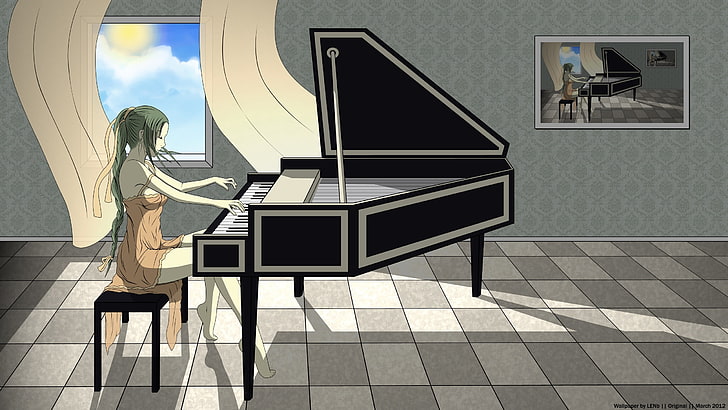 Ilustración de piano de cola negro, lenb, niña, piano, ventana, imagen, Fondo de pantalla HD