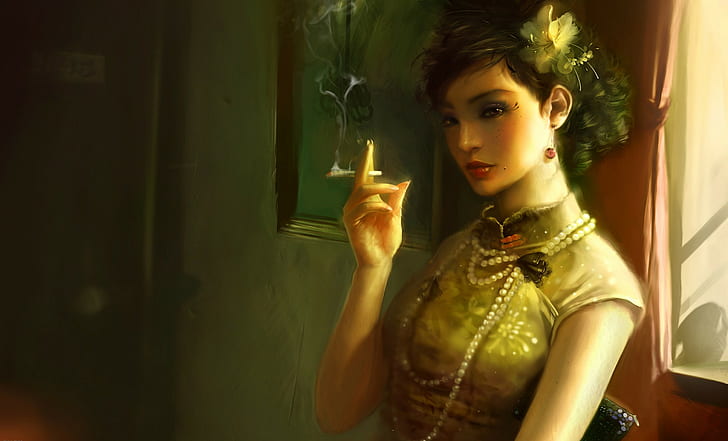 жени, произведения на изкуството, пушене, цигари, HD тапет