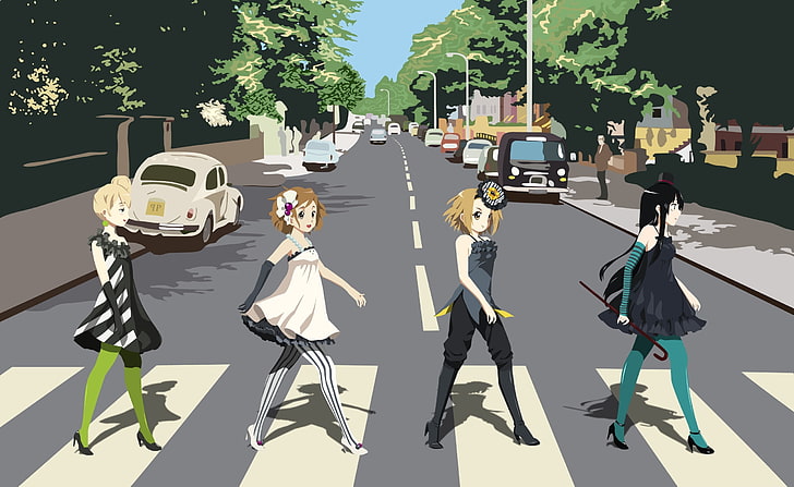K ON! Yui, Mio, Ritsu And Tsumugi HD Wallpaper, four woman anime character walking on road wallpaper, Artistic, Anime, Mio,, Tsumugi, Yui,, Ritsu, HD wallpaper