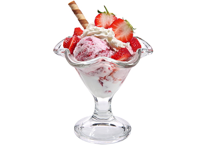 jordgubbeglass, bär, jordgubbe, glass, vit bakgrund, efterrätt, söt, HD tapet