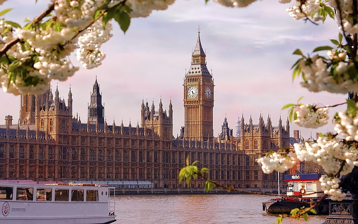 Castello di Westminster, Londra, Inghilterra, Londra, Big Ben, fiume, edificio, Sfondo HD