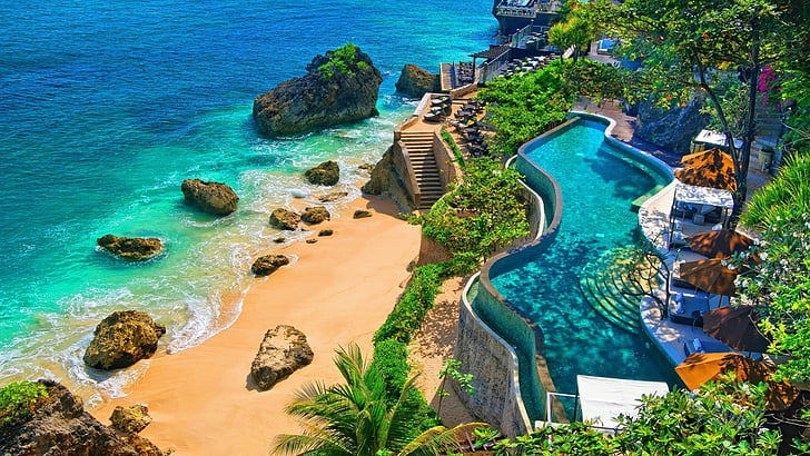 океан, лято, лятно време, хотел, плаж, Джимбаран, курортен град, курорт, море, залив, лагуна, тропици, Бали, Карибите, ваканция, вода, крайбрежие, отдих, туризъм, басейн, Азия, Индонезия, HD тапет