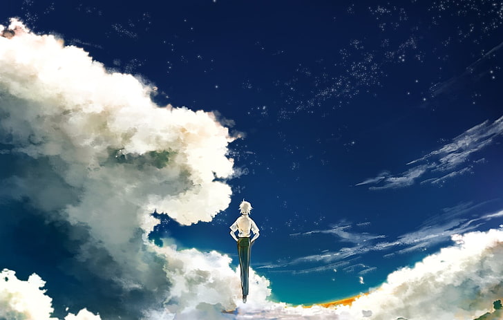 аниме, Neon Genesis Evangelion, пейзаж, небо, мужчины, Kaworu Nagisa, облака, короткие волосы, белые волосы, звёзды, полёт, HD обои