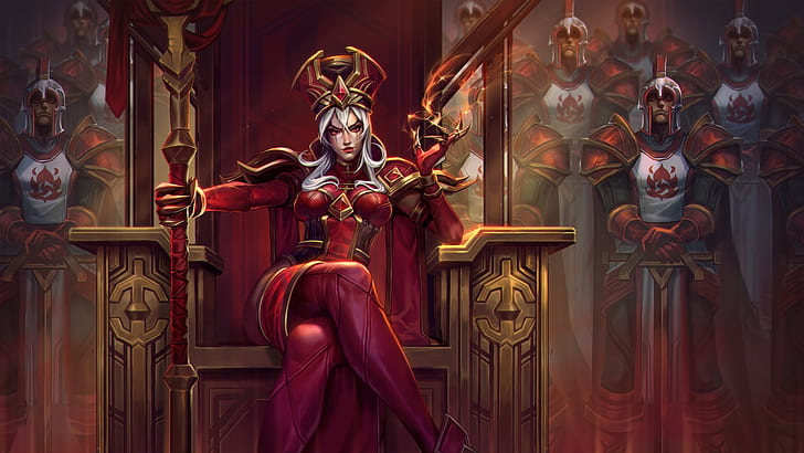 girl, sword, World of Warcraft, fantasy, game, Warcraft, soldiers, armor, crown, red eyes, weapons, queen, digital art, artwork, pearls, white hair, throne, tight clothing, heroes of the storm, Sally Whitemane, HD wallpaper