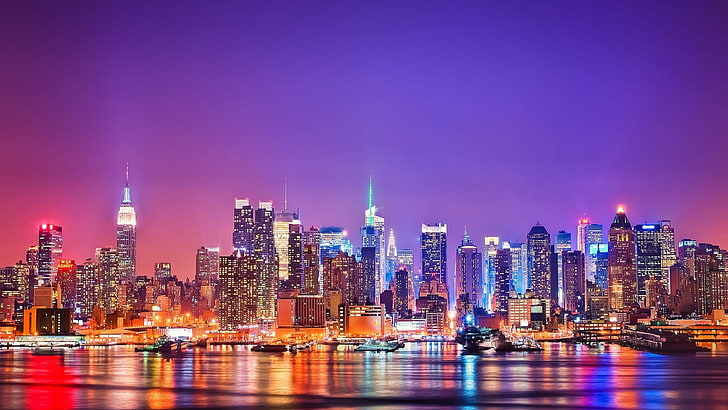 Kota New York, malam, gedung, lampu kota, Wallpaper HD