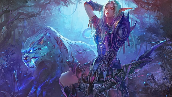 blaugrüne weibliche Anime-Figur, Elfen, Chenbo, World of Warcraft, Fantasy-Mädchen, Kreatur, Bogenschütze, Videospiele, HD-Hintergrundbild