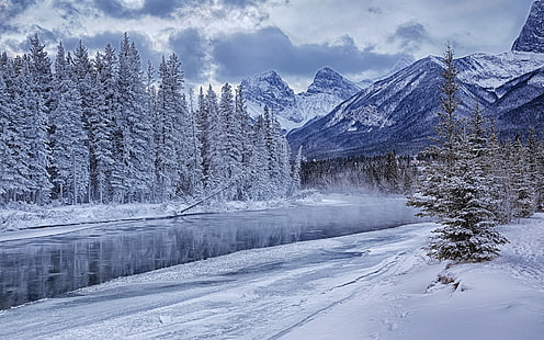 ภูเขาฤดูหนาว, ป่า, ต้นไม้, แม่น้ำ, หิมะ, น้ำแข็ง, ฤดูหนาว, ภูเขา, ป่า, ต้นไม้, แม่น้ำ, หิมะ, น้ำแข็ง, วอลล์เปเปอร์ HD HD wallpaper