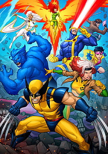 Patrick Brown, grafiki fanów, Wolverine, X-Men, Cyclops, Jean Grey, Gambit, Storm (postać), Beast (postać), Rogue (X-men), fire, phoenix, Jubilee, Tapety HD HD wallpaper