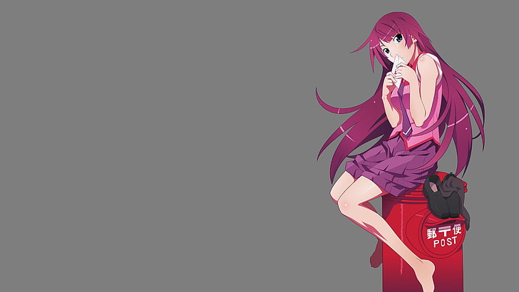 purpurowa dziewczyna anime ilustracja, anime, seria Monogatari, Senjougahara Hitagi, mundurek szkolny, anime dziewczyny, Tapety HD