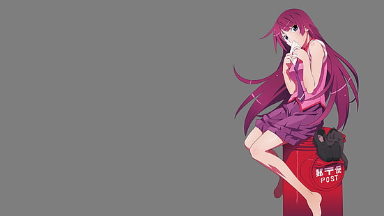 lila behaarte Mädchen Anime Illustration, Anime, Monogatari-Serie, Senjougahara Hitagi, Schuluniform, Anime Mädchen, HD-Hintergrundbild HD wallpaper