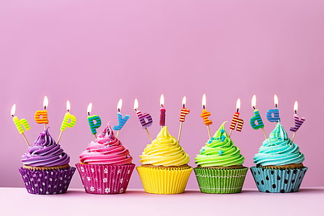 cupcakes, candles, colorful, cake, Happy Birthday, cupcake, celebration, decoration, candle, Birthday, HD wallpaper HD wallpaper