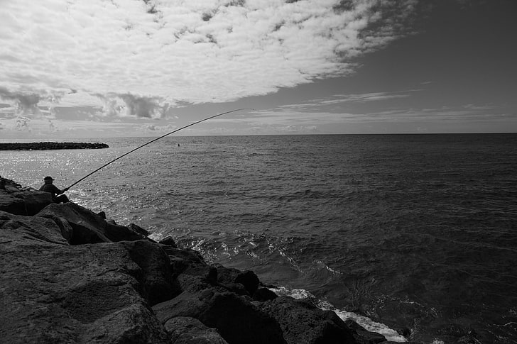Açores, pêcheur, mer, monochrome, Fond d'écran HD