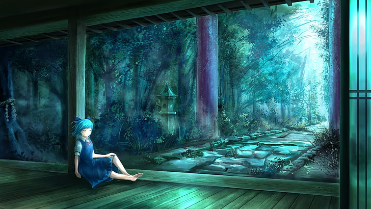 Cirno, touhou, shrine, trees, relax, Anime, HD wallpaper | Wallpaperbetter