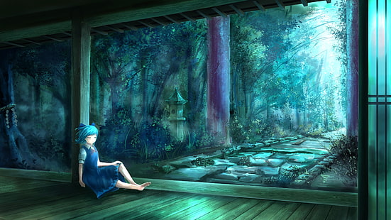 cirno, touhou, santuario, árboles, relajarse, Anime, Fondo de pantalla HD HD wallpaper