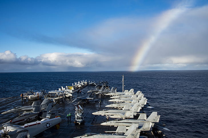 2048x1363 px, porta-aviões, mcdonnell douglas f, arco-íris, mar, USS Dwight D. Eisenhower, HD papel de parede