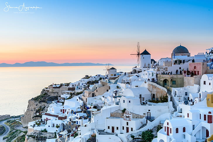 photo of Santorini Greece during golden hour, oia, oia, santorini, greece, Santorini, photo, golden hour, oia  greece, aegean island, cyclades, windmill, traditional  buildings, Architecture, sunset, landscape, seascape, sea, white house, Nikon D750, f4, europe, Ελλαδα, Κυκλαδες, Οια, blue hour, travel, tourism, vacation, sky, cyclades Islands, oia, greece, aegean Sea, church, island, cultures, caldera, blue, famous Place, vacations, town, white, dome, greek Culture, mediterranean Sea, classical Greek, HD wallpaper