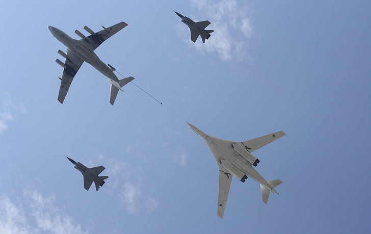 four white aircrafts, the sky, height, fighter, flight, bomber, the plane, missile, military, fight, strategic, Tupolev, tanker, refueling, The Tu-160, weatherproof, Tu-160, interceptor, Ilyushin, supersonic, long-range, with variable sweep wing, Il-78, Mikoyan and Gurevich.MiG-31, Il-78 aircraft, Group, Mikoyan and Gurevich.The MiG-31, HD wallpaper
