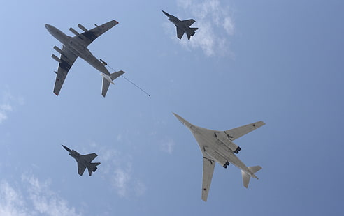 four white aircrafts, the sky, height, fighter, flight, bomber, the plane, missile, military, fight, strategic, Tupolev, tanker, refueling, The Tu-160, weatherproof, Tu-160, interceptor, Ilyushin, supersonic, long-range, with variable sweep wing, Il-78, Mikoyan and Gurevich.MiG-31, Il-78 aircraft, Group, Mikoyan and Gurevich.The MiG-31, HD wallpaper HD wallpaper