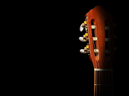 acustica, chitarra acustica, classico, avvicinamento, buio, chitarra, testa di chitarra, strumento, luce, musica, strumento musicale, strumento a corda, archi, studio, in legno, Sfondo HD HD wallpaper