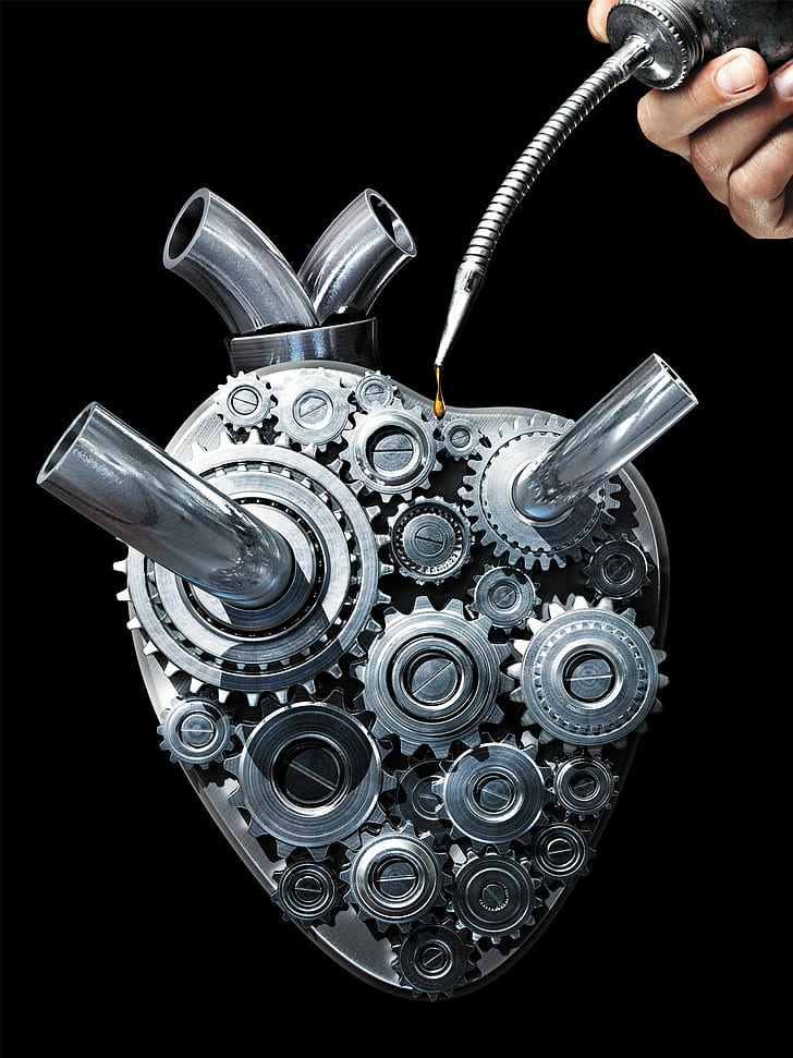 artwork gears motors hearts metal exhaust pipes screw portrait display black background hand vehicle surreal machine mechanics artery, HD wallpaper