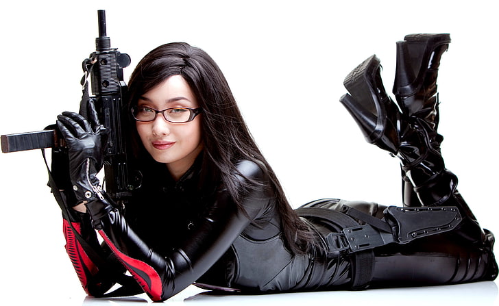 face, smile, model, shoes, leather, latex, trunk, heels, guns, white, black, Asian, dress, uniform, beautiful, holster, background, lips, hair, cosplay, weapons, SHINE, glasses, ready, incredible, exotic, stylish, posing, gloves, boots, long, clothes, symbolism, class, shiny, look, catsuit, nice, lycra, uzi, pvc, armed, guests, Tricky, condescending, knee, Alodia, to meet, ultrasound, uninvited, HD wallpaper