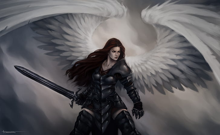 ファンタジー、天使の戦士、天使、鎧、少女、剣、翼、女戦士、 HDデスクトップの壁紙