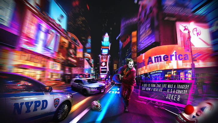 digital, digital art, artwork, illustration, Photoshop, photo manipulation, Joker, Joker (2019 Movie), Joaquin Phoenix, city, city lights, night, neon, lights, police, car, vehicle, transport, New York City, street, street light, building, sign, HD wallpaper