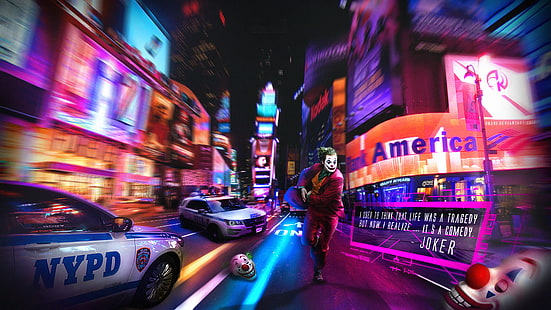 cyfrowe, sztuka cyfrowa, grafika, ilustracja, Photoshop, obróbka zdjęć, Joker, Joker (film 2019), Joaquin Phoenix, miasto, światła miejskie, noc, neon, światła, policja, samochód, pojazd, transport, Nowy Jork, ulica, latarnia uliczna, budynek, szyld, Tapety HD HD wallpaper
