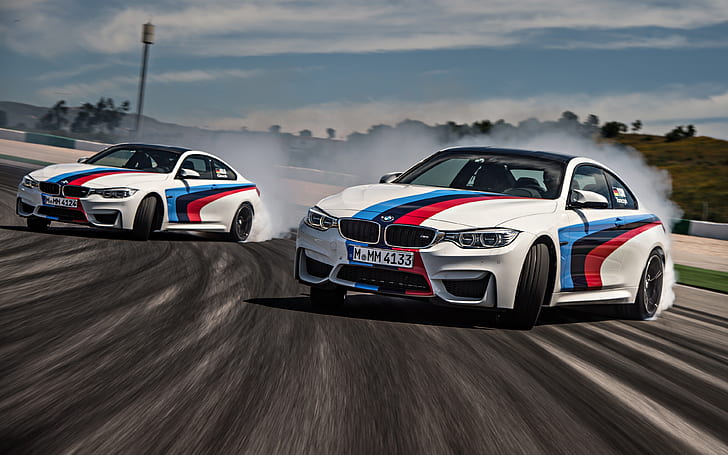 BMW M4, tory wyścigowe, drifting, samochód, pojazd, rozmycie ruchu, dym, Tapety HD