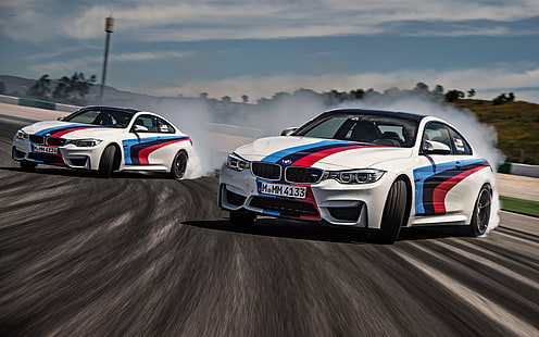 BMW M4, tory wyścigowe, drifting, samochód, pojazd, rozmycie ruchu, dym, Tapety HD HD wallpaper