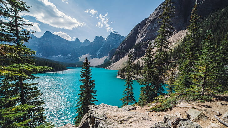 mountains, forest, turquoise, landscape, trees, summer, nature, Canada, water, Moraine Lake, HD wallpaper