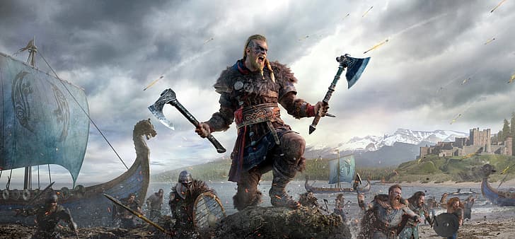Vikings, Ubisoft, Assassin's Creed: Valhalla, Eivor, haches, art du jeu vidéo, personnages de jeux vidéo, Drakkar, navire, guerrier, Fond d'écran HD