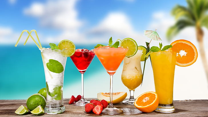 Летние напитки, коктейли, мохито, стеклянные чашки, клубника, апельсин, дыня, Лето, напитки, коктейли, мохито, стакан, чашки, клубника, апельсин, дыня, HD обои