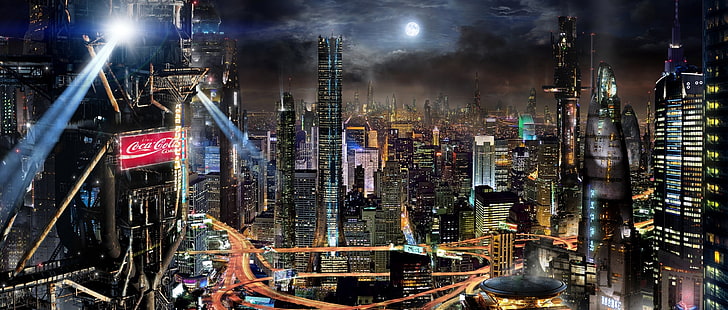 иллюстрация бетонных зданий, облака, ночь, город, будущее, фантастика, здание, луна, реклама, город, фэнтези, кока-кола, небоскребы, мегаполис, фантастика, здания, скотт ричард, футуризм, мегаполис, HD обои