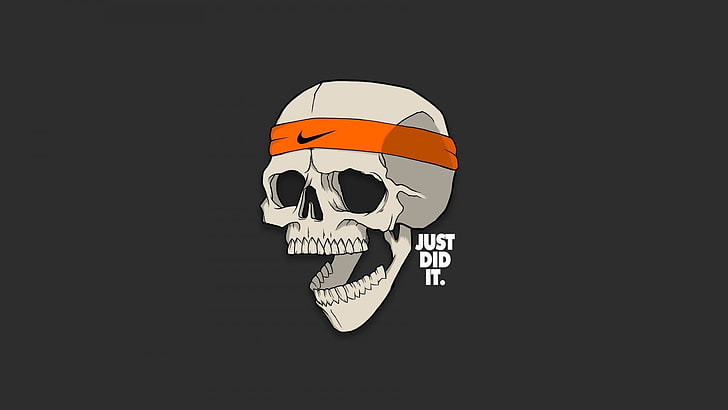 digital art, skull, simple background, Nike, humor, open mouth, headband, Just Do It., gray background, dead, HD wallpaper