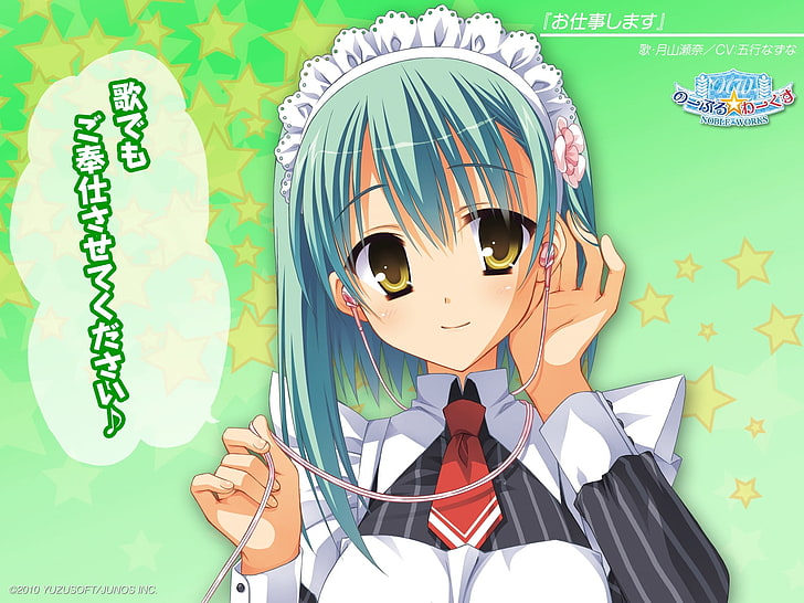 green haired female anime character illustration, muririn, noble works, tsukiyama sena, girl, maid, headphones, smile, HD wallpaper