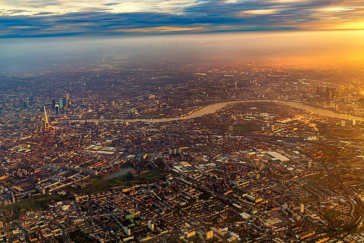 Flight, airplane, London, city, sunrise, Fly, sky, flying, England, HD wallpaper