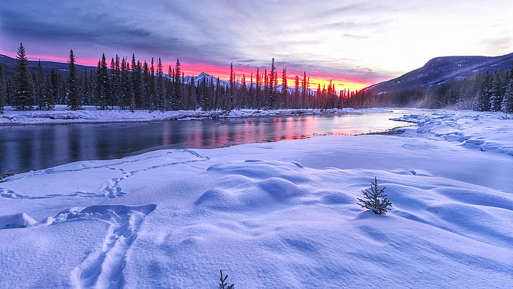 fiume, inverno, neve, orario invernale, acqua, paesaggio invernale, mattina, montagna, Sfondo HD