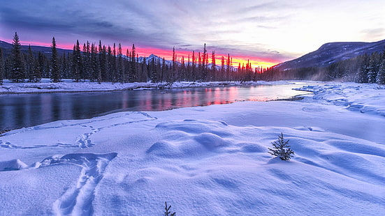 река, зима, снег, зима, вода, зимний пейзаж, утро, гора, HD обои HD wallpaper