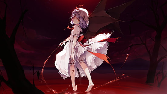 postać kobiecego anime ubrana w cyfrową tapetę w białej sukni, anime, Touhou, krew, Remilia Scarlet, Tapety HD HD wallpaper
