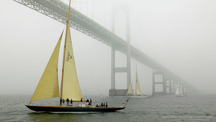 Sailing Under the Newport Bridge in Fog, Rhode Island, North America, HD wallpaper