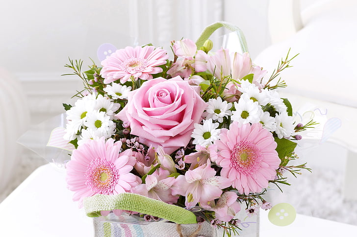 flores cor de rosa e brancas, rosas, buquê, gerbera, crisântemo, alstremeria, HD papel de parede