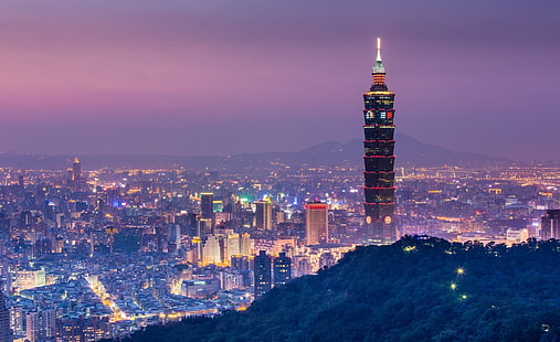 Taipei 101 geceleri panoramik görünüm, siyah beton kule, şehir, HD masaüstü duvar kağıdı HD wallpaper