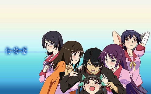 Hachikuji Mayoi, serie Monogatari, Araragi Koyomi, Hanekawa Tsubasa, Sengoku Nadeko, Senjougahara Hitagi, Kanbaru Suruga, anime girls, Sfondo HD HD wallpaper