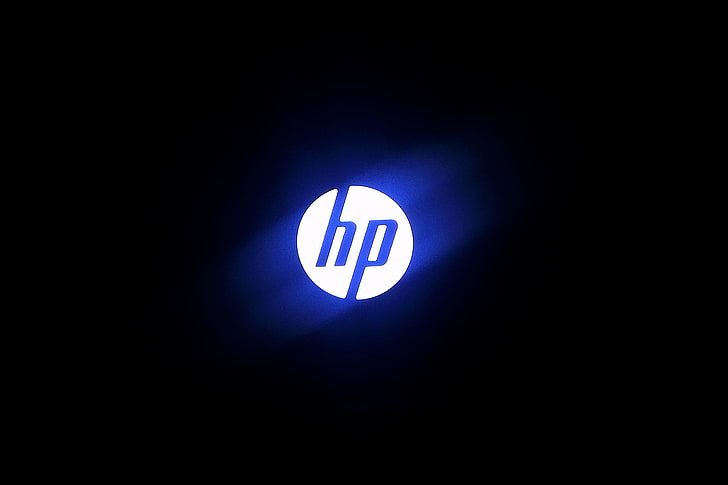 HP logo, logo, photo, computer, hi-tech, blue light, HD wallpaper