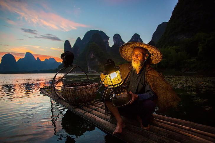 cesta marrom, pássaro, barco, pescador, lanterna, cormorão, distrito Guangxi junta-se, o rio Li, HD papel de parede