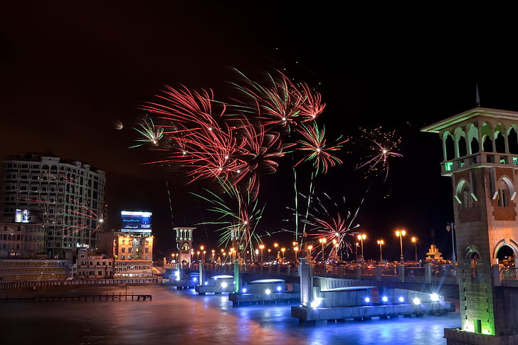 red fireworks, alexandria, egypt, stanley bridge, HD wallpaper