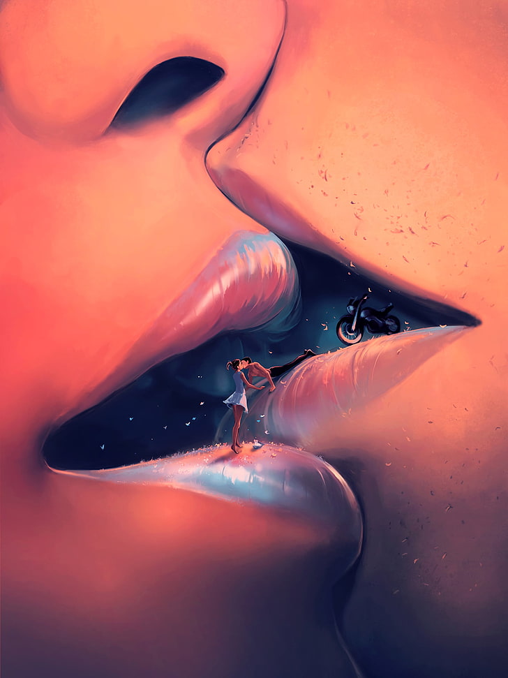 illustrazione di uomo e donna, labbra, bacio, coppia, amore, arte, Sfondo HD, sfondo telefono