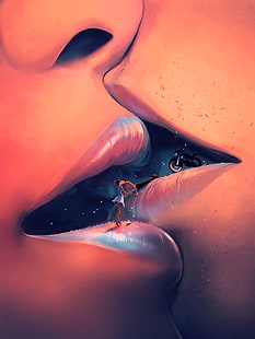 мъж и жена илюстрация, устни, целувка, двойка, любов, изкуство, HD тапет HD wallpaper